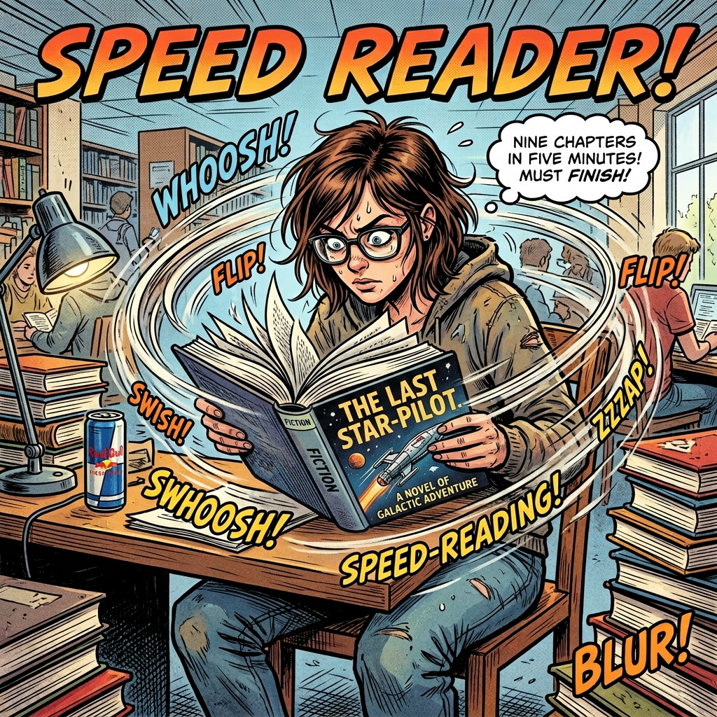 Student intensely speed-reading 'Quantum Mythology' book in library