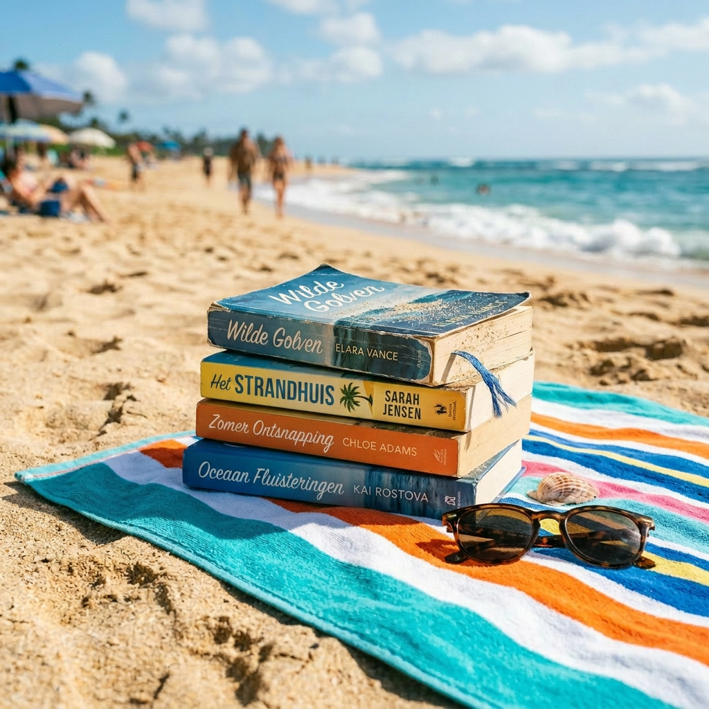 Stack of four beach-themed books on a striped towel with sunglasses on sandy beach near ocean
