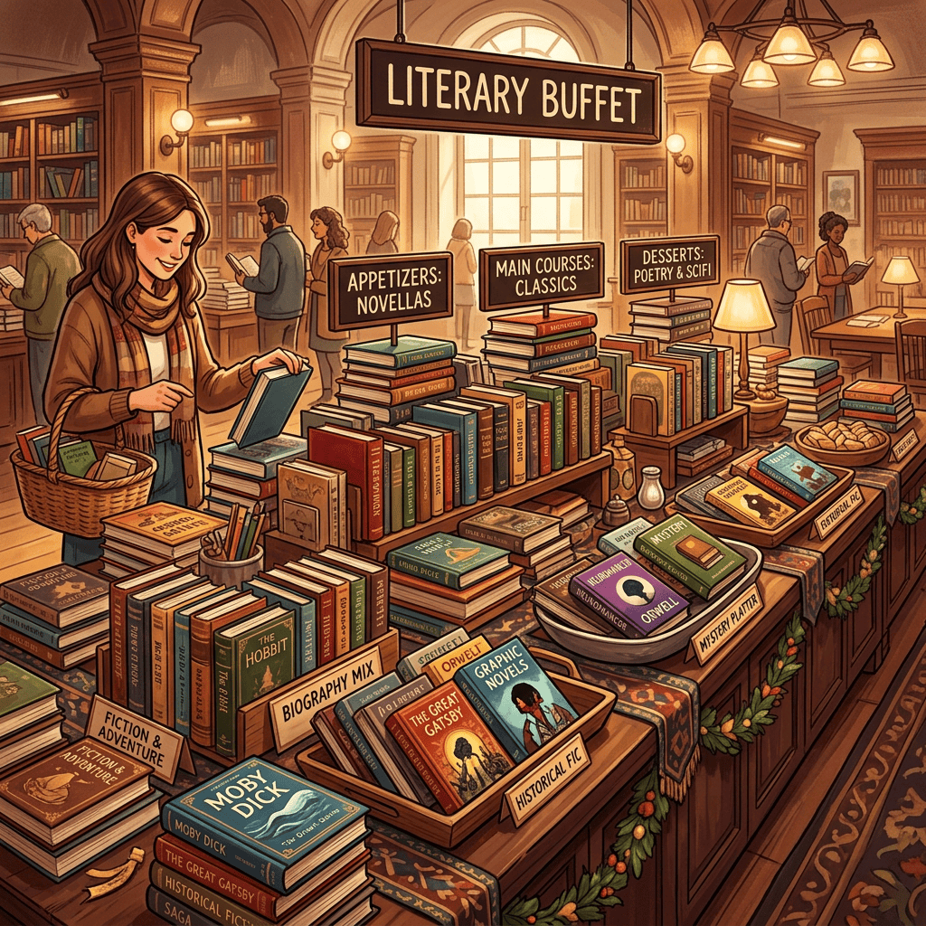 Books arranged by genre labeled as appetizers, main courses, and desserts with readers browsing in a warm bookstore
