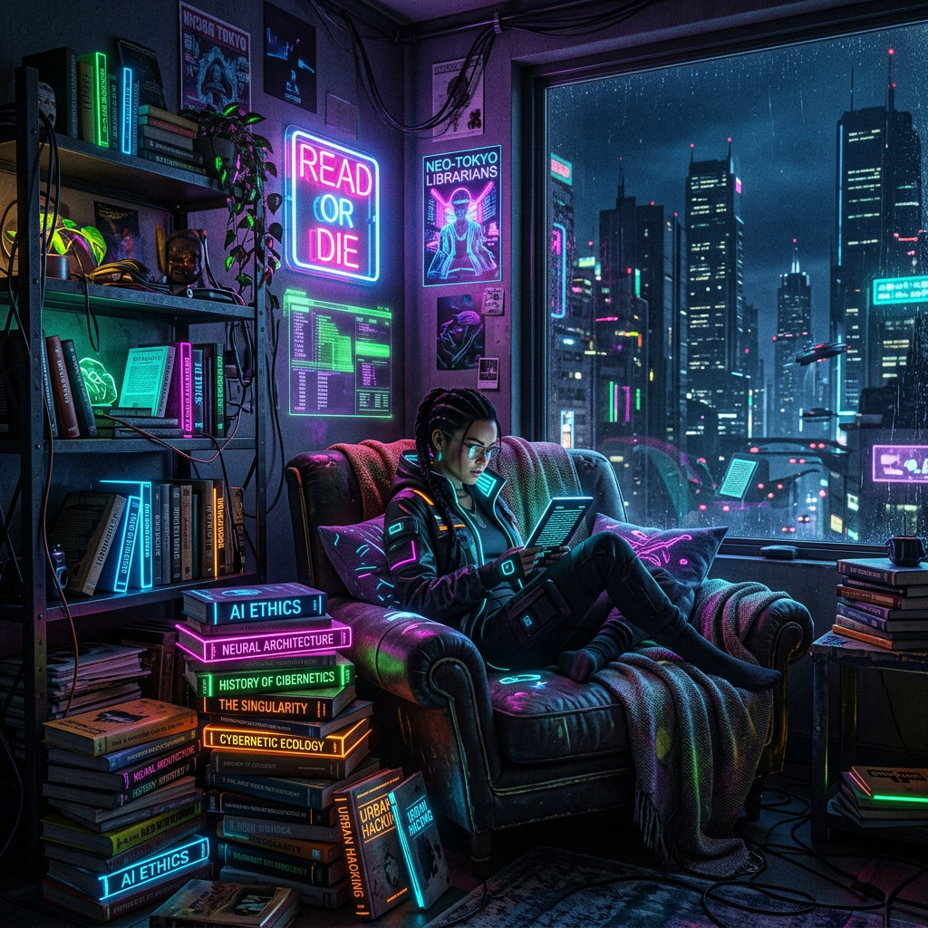 Person reading an electronic book in a cozy chair surrounded by glowing books and neon signs in a futuristic room with a city view at night