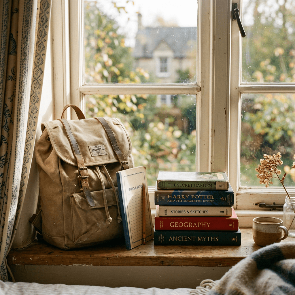 Canvas backpack, notebook labeled “ESSAYS & NOTES,” and books titled “THE SECRET GARDEN,” “HARRY POTTER AND THE SORCERER’S,” “STORIES & SKETCHES,” “GEOGRAPHY,” and “ANCIENT MYTHS” by a window