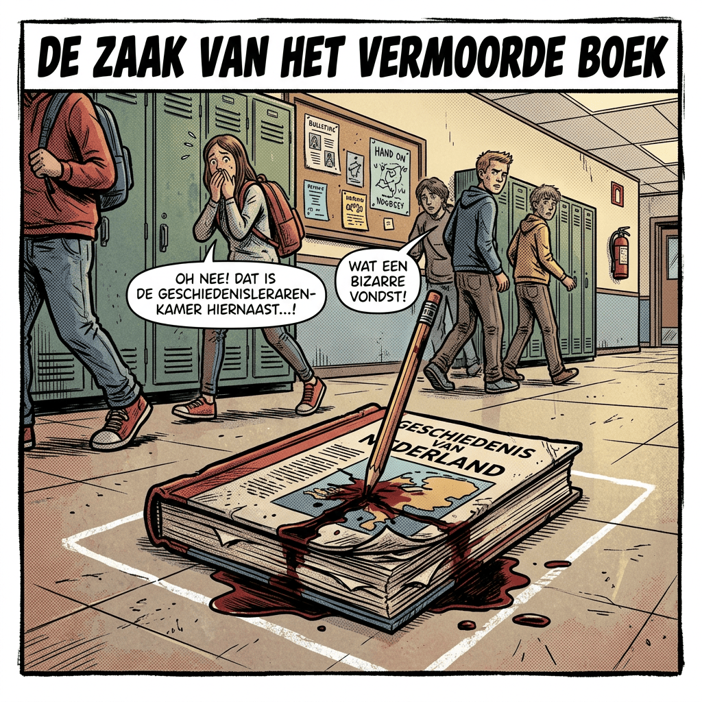 Dutch comic titled “De zaak van het vermoorde boek,” with students, speech bubbles, and a damaged “Geschiedenis van Nederland” book.