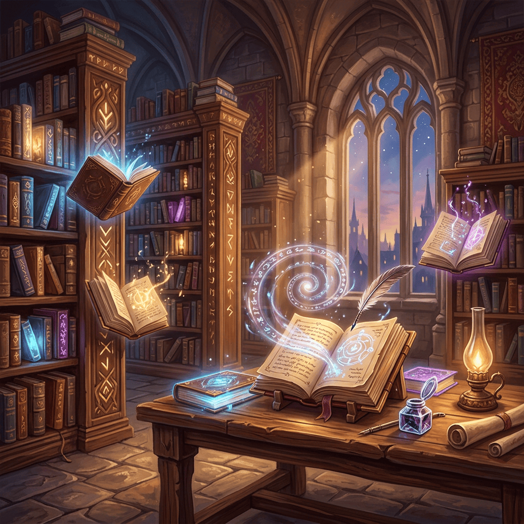 Enchanted library with floating books, glowing magic symbols, and open spellbooks