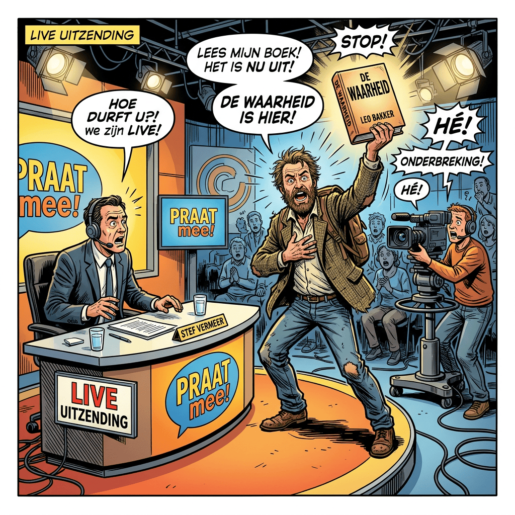 Comic scene with Dutch text: LIVE UITZENDING; HOE DURFT U?! We zijn LIVE!; PRAAT mee!; LEES MIJN BOEK! HET IS NU UIT!; DE WAARHEID IS HIER!; STOP!; DE WAARHEID; LEO BAKKER; HÉ! ONDERBREKING!; HÉ!; STEF VERMEER.