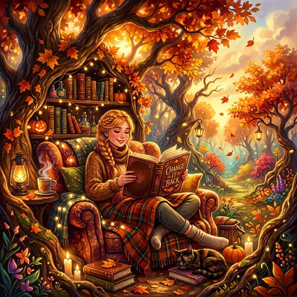 Woman reading “HEERLIJK HERFST LEZEN” in a treehouse library beside a sleeping cat