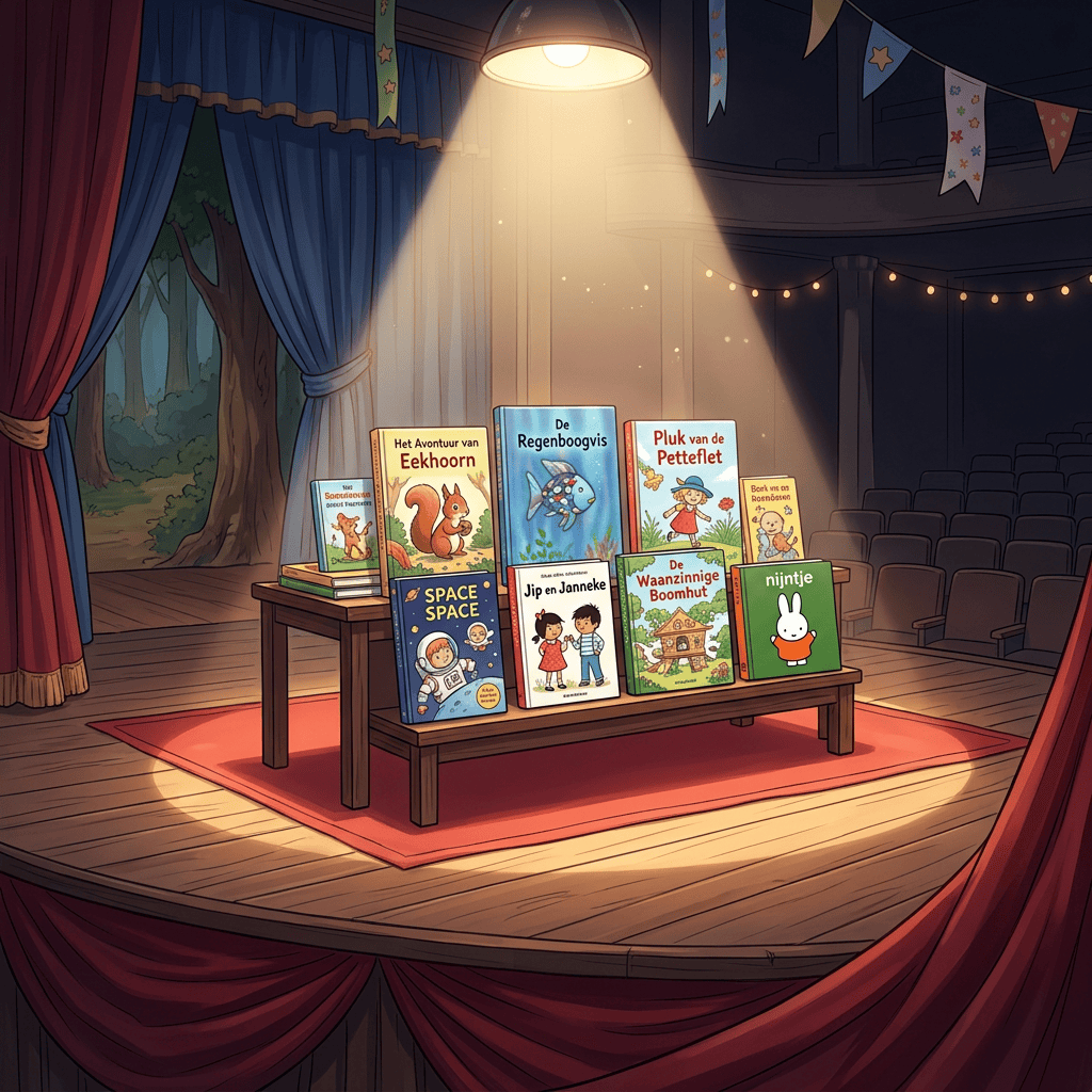 Children’s books including Het Avontuur van Eekhoorn, De Regenboogvis, Pluk van de Pettleﬂet, Space, Jip en Janneke, De Waanzinnige Boomhut, and Nijntje on a theater stage