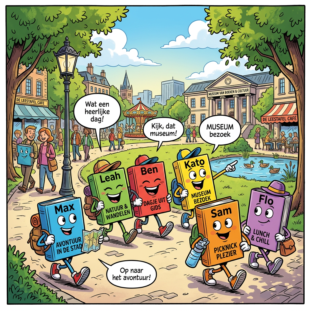 Cartoon book characters Max, Leah, Ben, Kato, Sam, and Flo walk toward a museum; text reads Museum van Boeken & Cultuur, De Leestafel Cafe, and speech bubbles Wat een heerlijke dag!, Kijk, dat museum!, MUSEUM bezoek, and Op naar het avontuur!